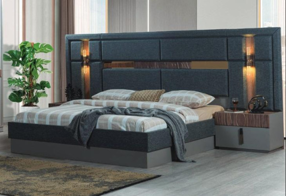 Dark Gray Double bed Designer Wood Bedside tables bedroom set
