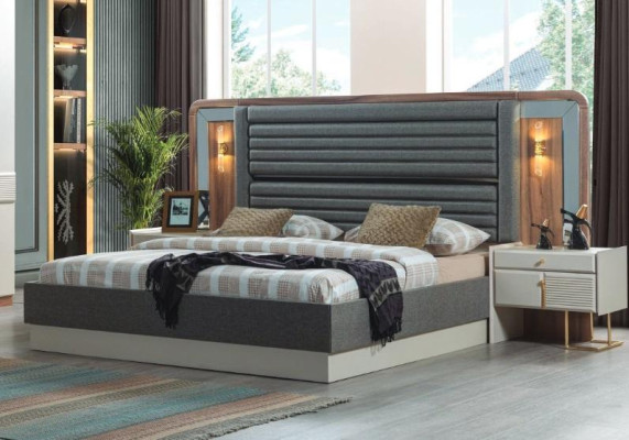Gray Beds Designer Bedroom Double bed 2x Wood Bedside tables 3pcs