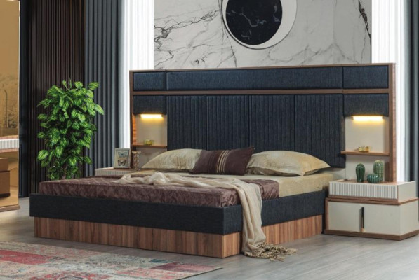 Modern Bedroom Suite Double bed Wood Bedside tables Textile bed