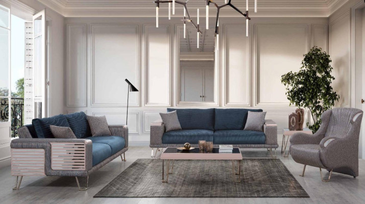 Sofa set 3+3+1 Seater + Coffee table Modern Textile Complete Blue new