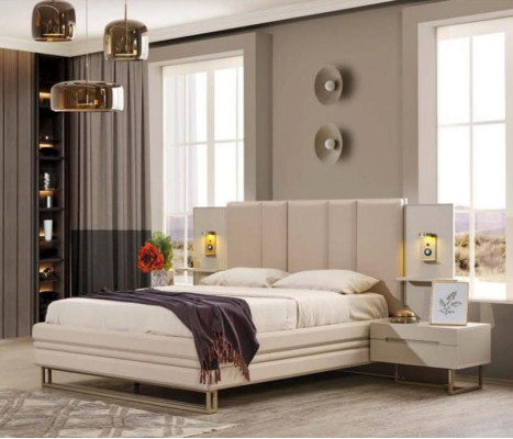 Bedroom Set Luxury Complete's Beige Bed 2x Bedside tables Modern