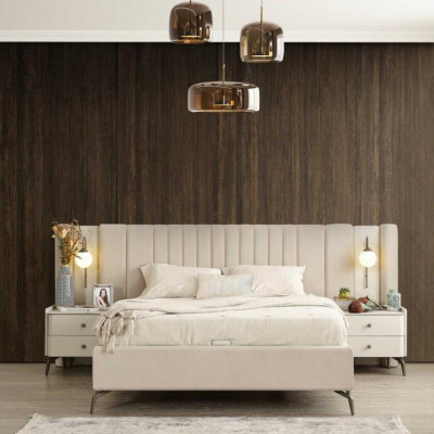 Luxury Bedroom Bed and 2x Bedside tables 3-piece. Set of design furnishings