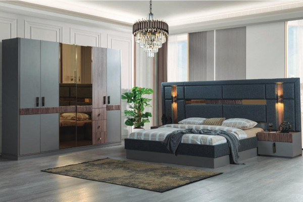 Gray Bedroom Complete's Set Bed 2x Bedside tables Wardrobe
