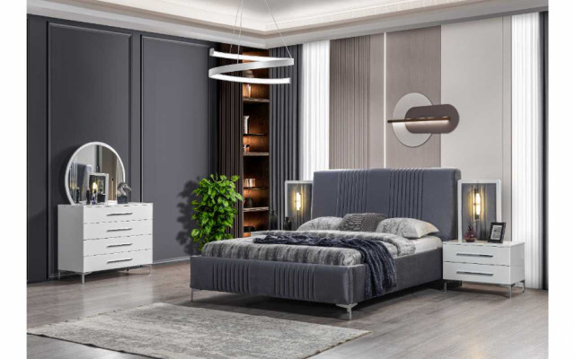 Stylish Bedroom Suite Gray Double bed Wood Bedside tables 5pcs