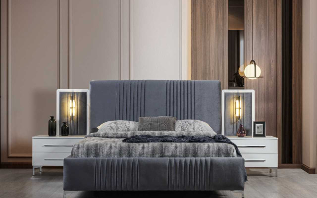 Modern Gray Double bed 2x Wood Bedside tables Bedroom Suite