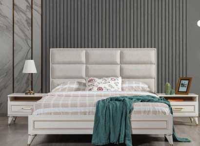 White Bedroom Suite Upholstery Double bed 2x Wood Bedside tables 3pcs