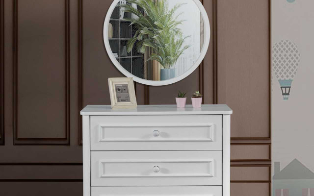 Childrens room Furniture Designer Round Mirror White Wood Luxury Chest of drawers 2pcs