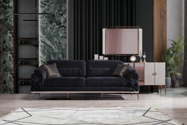 Stylish 3-Seater Living room Black luxury couch Modern wooden frame