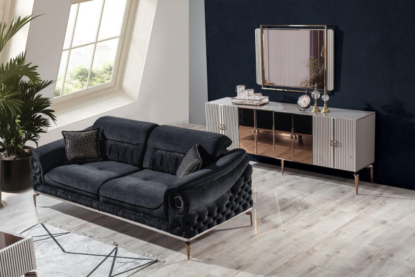 Stylish 3-Seater Living room Black luxury couch Modern wooden frame