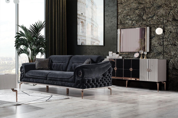 Stylish 3-Seater Living room Black luxury couch Modern wooden frame