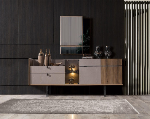 Perfect Dining room Set Designer LED Sideboard Modern Glass Mirror 2-piece