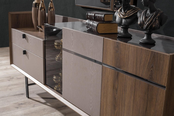 Perfect Dining room Set Designer LED Sideboard Modern Glass Mirror 2-piece