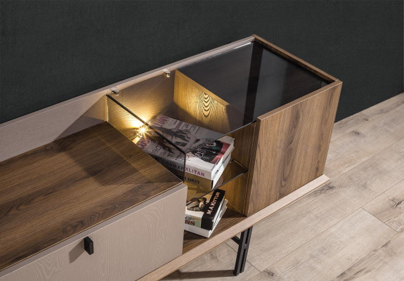 Beige Modern TV Cabinet Lowboard Wall Cabinet Stylish LED TV Board 2 Pieces