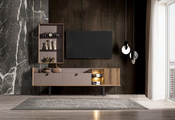 Beige Modern TV Cabinet Lowboard Wall Cabinet Stylish LED TV Board 2 Pieces