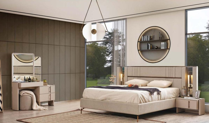 Modern Bedroom Furniture Beige Double bed 2x Bedside tables Dressing table