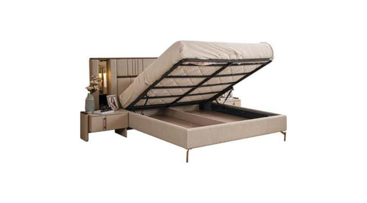 Modern Bedroom Furniture Beige Double bed 2x Bedside tables Dressing table