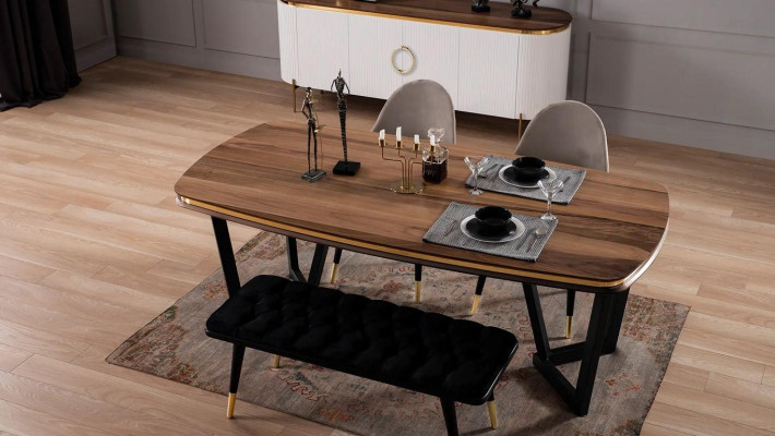 Dining room set consists of dining table + 4x chairs and stool brown color 6 pieces.