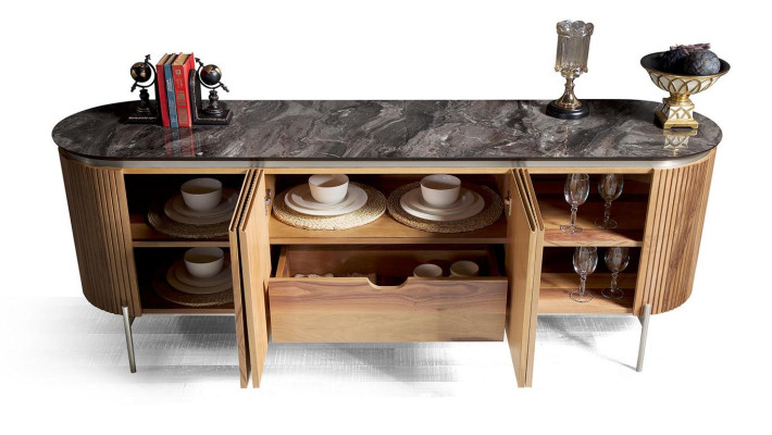 Luxurious Dining room Set Modern Consists of Black Sideboard and Mirror