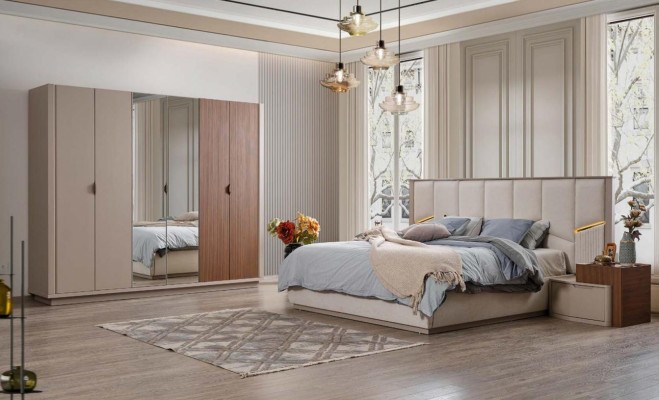 Large Beige Bedroom Suite Double bed 2x Bedside tables Wardrobe