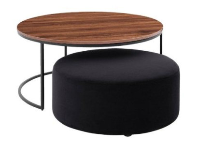 Brown coffee table + textile upholstered black stool set