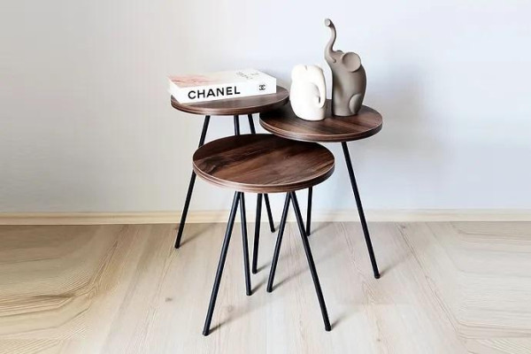 Round 3x Coffee tables Set brown Wood Metal legs Side table