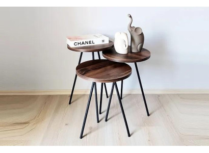 Round 3x Coffee tables Set brown Wood Metal legs Side table