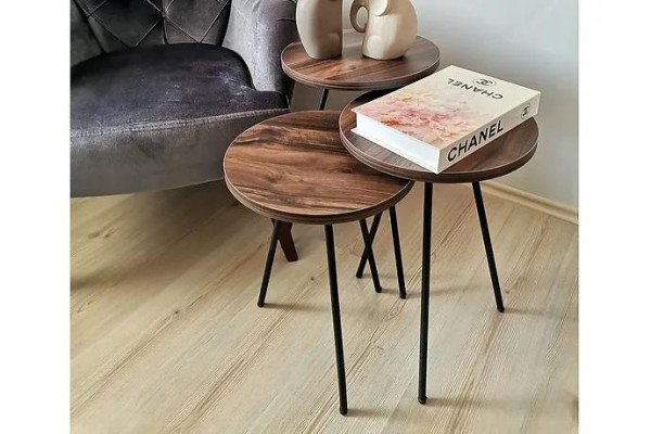 Round 3x Coffee tables Set brown Wood Metal legs Side table