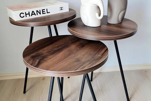 Round 3x Coffee tables Set brown Wood Metal legs Side table