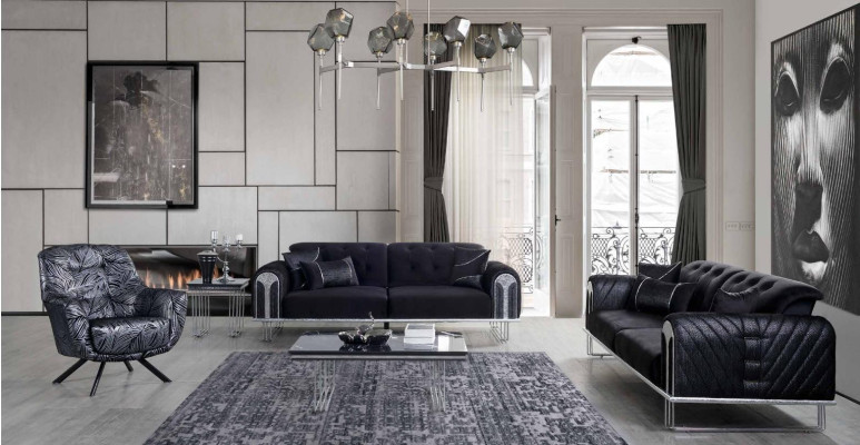 Black Living room Sofa set 2x Three Seater Designer Upholstery Armchair