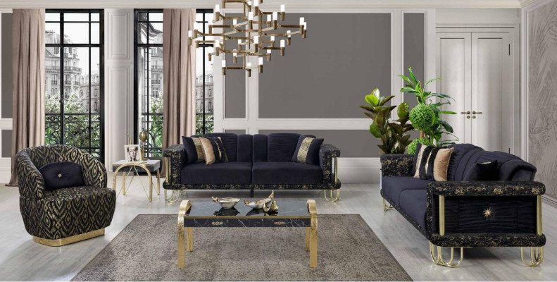 Black Couch Set 2x Three Seater Upholstery Armchair Modern Seat Furniture