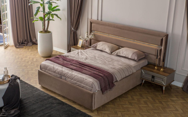 Beige Bedroom Suite Modern Double bed Glass Wardrobe 4pcs