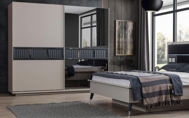 Gray Bedroom Furniture Designer Bed 2x Bedside tables Wood Wardrobe 4pcs