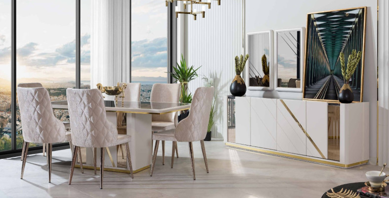 Beige stainless steel Dining room Suite Designer Dining table x6 Chairs Chest of drawers