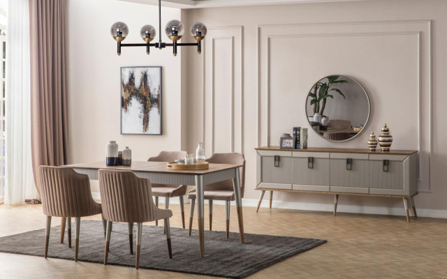 Beige Dining room Suite Rectangular Wood Table 6x Upholstered Chairs 7pcs