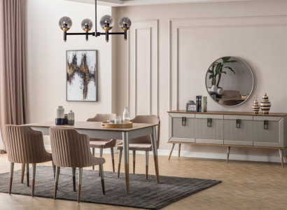 Beige Dining room Suite Rectangular Wood Table 6x Upholstered Chairs 7pcs