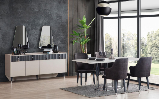 Designer Rectangular White Dining table 6x Gray Upholstery Chairs 7pcs. set