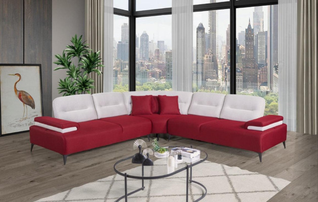 Red Stylish Corner sofa L-shape Couch Designer Living room Wood Suite
