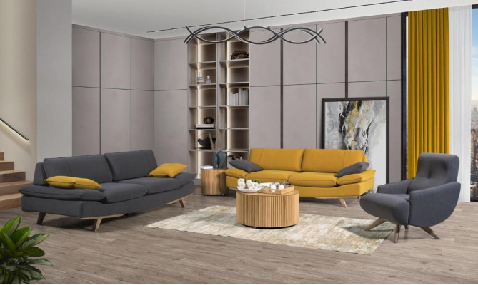 Gray-yellow living room seating furniture luxury 2x 3-seater couches single-seater 3-piece