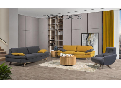 Gray-yellow living room seating furniture luxury 2x 3-seater couches single-seater 3-piece