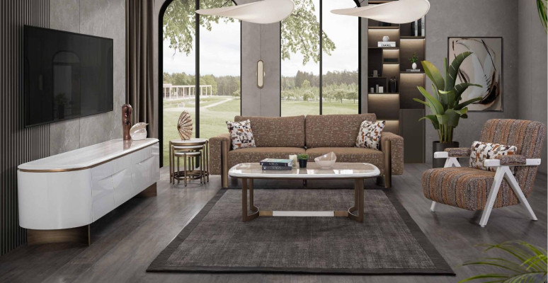 Stylish brown living room sofa set designer 3-seater 1-seater 3-piece