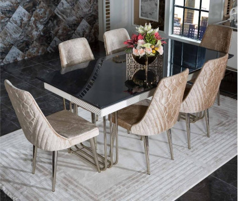 Black -White Dining room Glass Table Designer Textile Chairs Dining room furniture