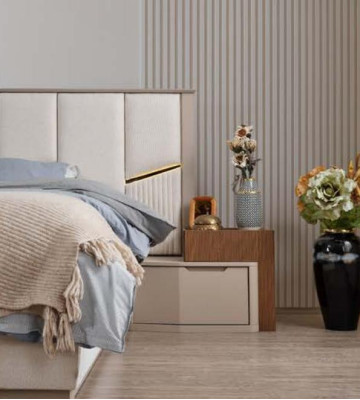 Beige Bedroom Suite Luxurious upholstered beds Bedside tables Wardrobe
