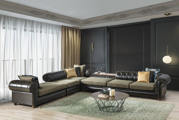 Green-black Living room Chesterfield L-shape Sofa Upholstery Couches new