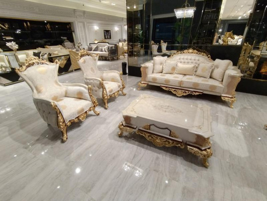 Sofa set 311 + Coffee table Wood Living room Luxury Sofa Chesterfield Fabric new