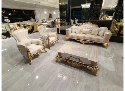 Sofa set 311 + Coffee table Wood Living room Luxury Sofa Chesterfield Fabric new