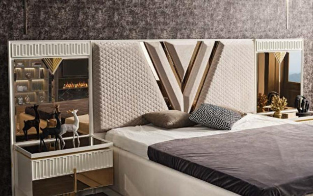 Bedroom 4 pcs. Set Upholstery Bed 2x Bedside tables Wardrobe Luxury