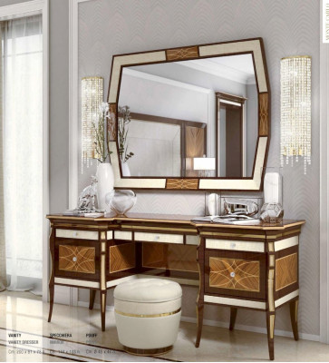 Group Dressing table Mirror Stool Luxury Wood 3pcs Brown Bedroom