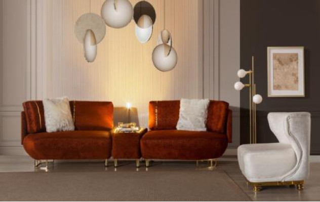 Orange Sofa with a Table Designer 3-Seater Living room Luxury Furniture
