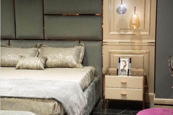 Group Bedroom Furniture Double Bed Bed Beige Modern Set 5pcs Wood