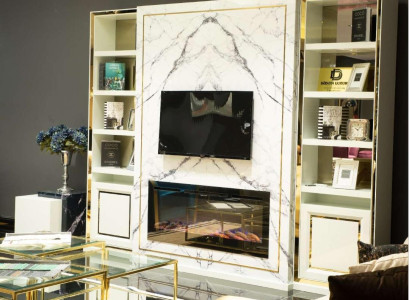 Wall unit TV cabinet Lowboard TV stand White Luxury Gold Vittinen Wood Modern